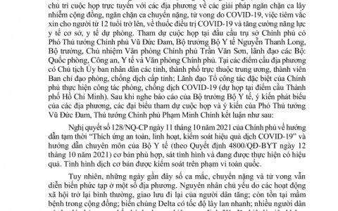 Thông báo số 347/TB - VPCP của Văn phòng Chính phủ về Kết luận của Thủ tướng Chính Phủ Phạm Minh Chính, tại cuộc họp trực tuyến các địa phương về công tác phòng, chống dịch Covid - 19